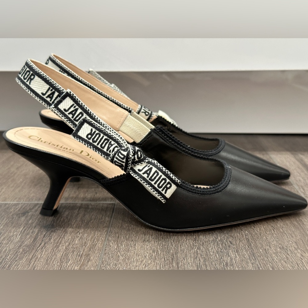 DIOR BLACK LEATHER AND RIBBON KITTEN HEEL SLINGBACKS SIZE 39.5 - Picture 3 of 14